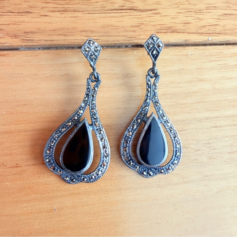 Vintage Sterling Silver Black Onyx and Marcasite Drop Earrings